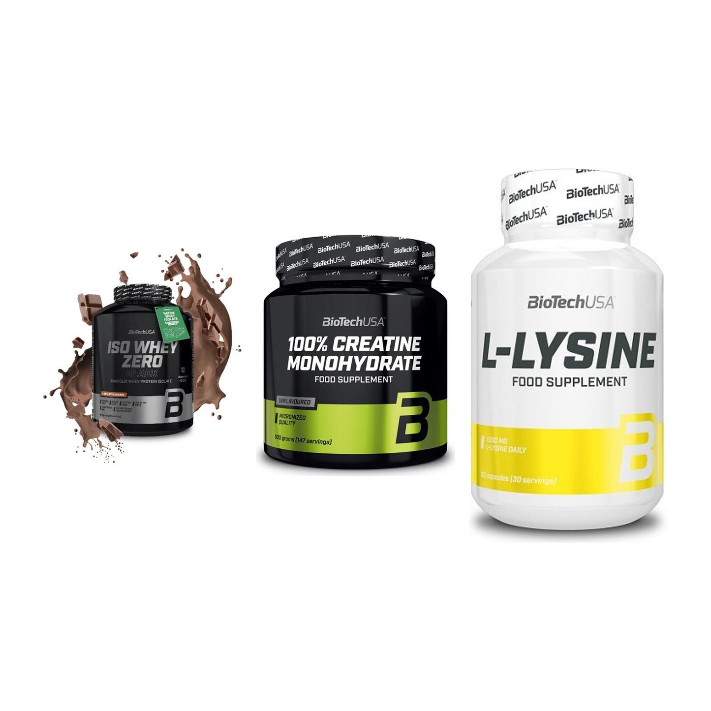 BioTech USA Marken-Trio: Iso Whey Zero + Creatine + L-Lysine – alle enthaltenen Artikel