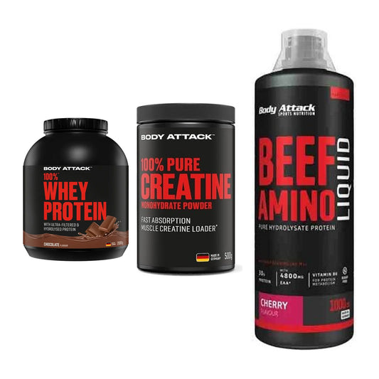 Body Attack Marken-Trio: Attack 100% Whey Protein 2000g + 2 weitere – alle enthaltenen Artikel