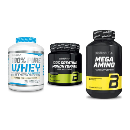 BioTech USA Marken-Trio: 100% Pure + Creatine + Mega Amino – alle enthaltenen Artikel