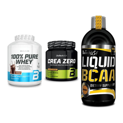 BioTech USA Marken-Trio: 100% Pure Whey + Crea Zero + Liquid BCAA – alle enthaltenen Artikel