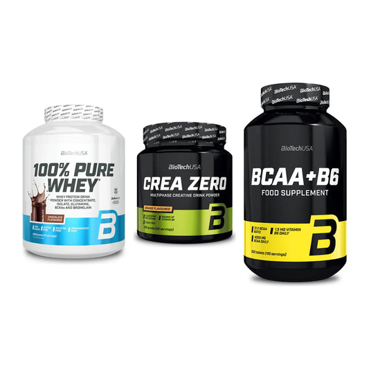 BioTech USA Marken-Trio: 100% Pure Whey + Crea Zero + BCAA+B6 200 Tabl – alle enthaltenen Artikel