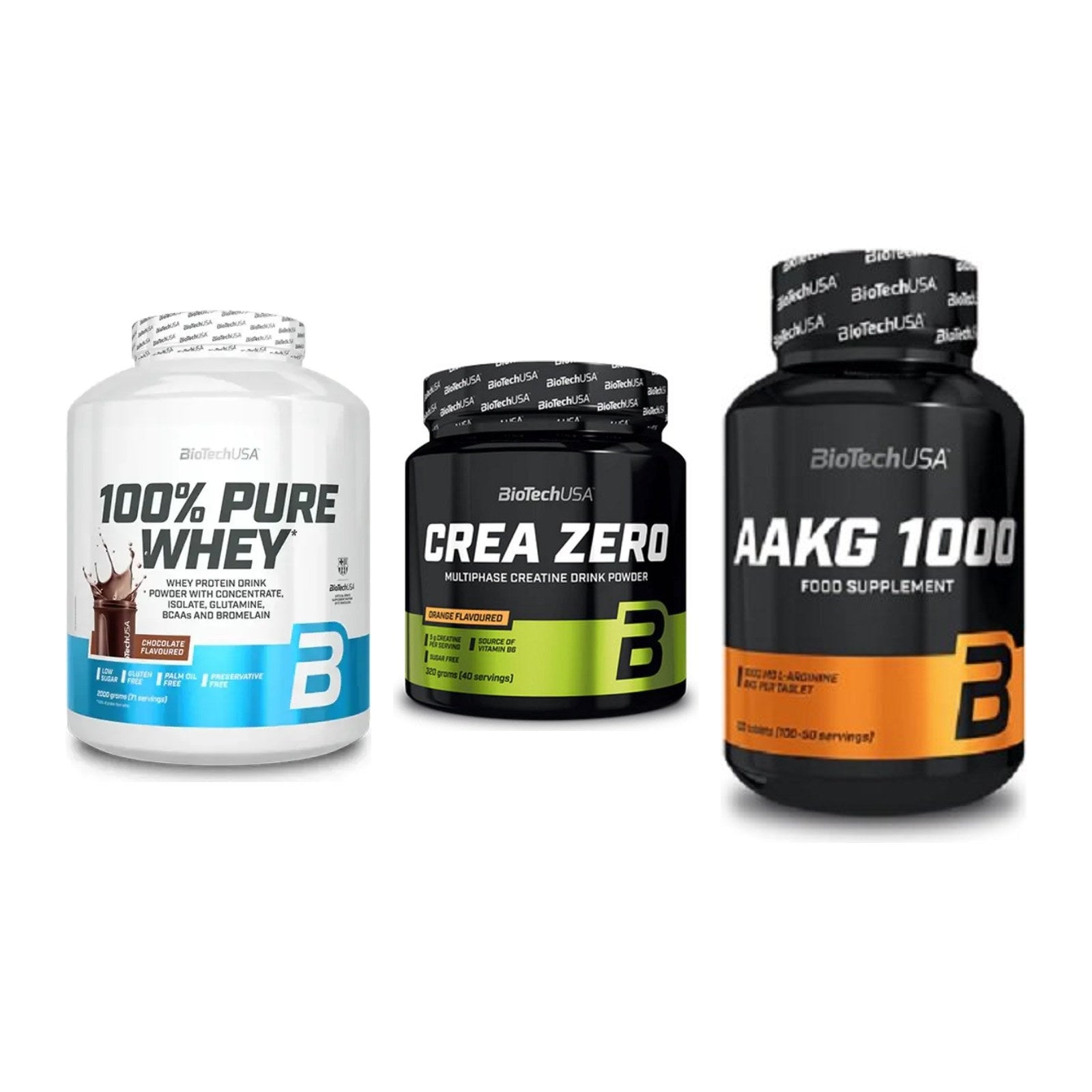 BioTech USA Marken-Trio: 100% Pure + Crea Zero + AAKG 1000mg – alle enthaltenen Artikel