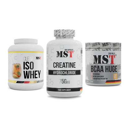 MST Marken-Trio: Iso Clear 900g + Creatine HCL + BCAA Huge 200 – alle enthaltenen Artikel