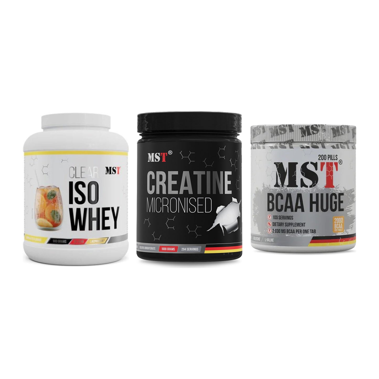 MST Marken-Trio: Iso Clear 900g + Creatin Monohyd + BCAA Huge 200 – alle enthaltenen Artikel