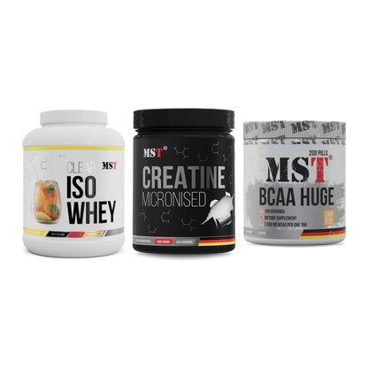 MST Marken-Trio: Iso Clear 900g + Creatin Monohyd + BCAA Huge 200 – alle enthaltenen Artikel