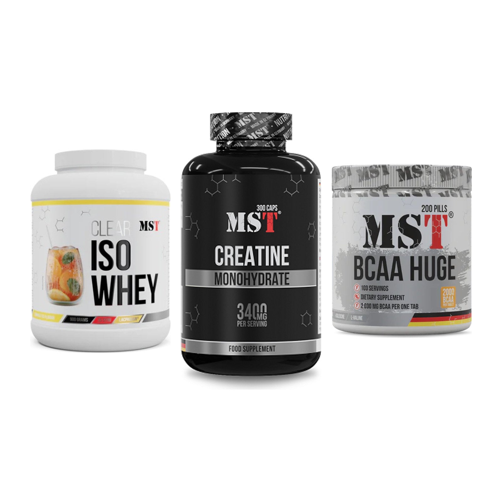 MST Marken-Trio: Iso Clear + Creatine + BCAA Huge 200 – alle enthaltenen Artikel
