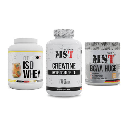 MST Marken-Trio: Iso Clear + Creatine HCL + BCAA Huge 200 – alle enthaltenen Artikel