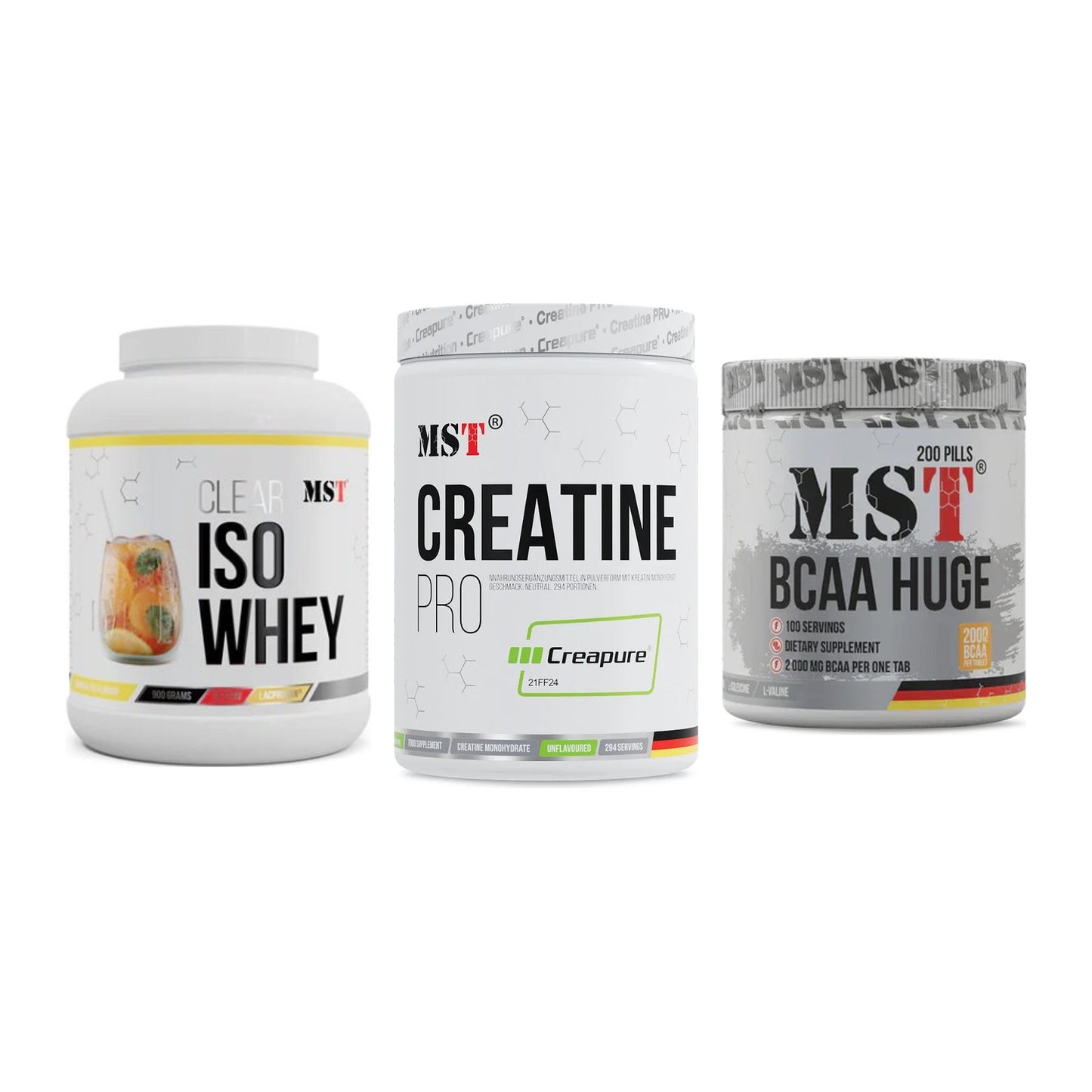 MST Marken-Trio: Iso Clear 900g + Creatin Pro + BCAA Huge 200 – alle enthaltenen Artikel