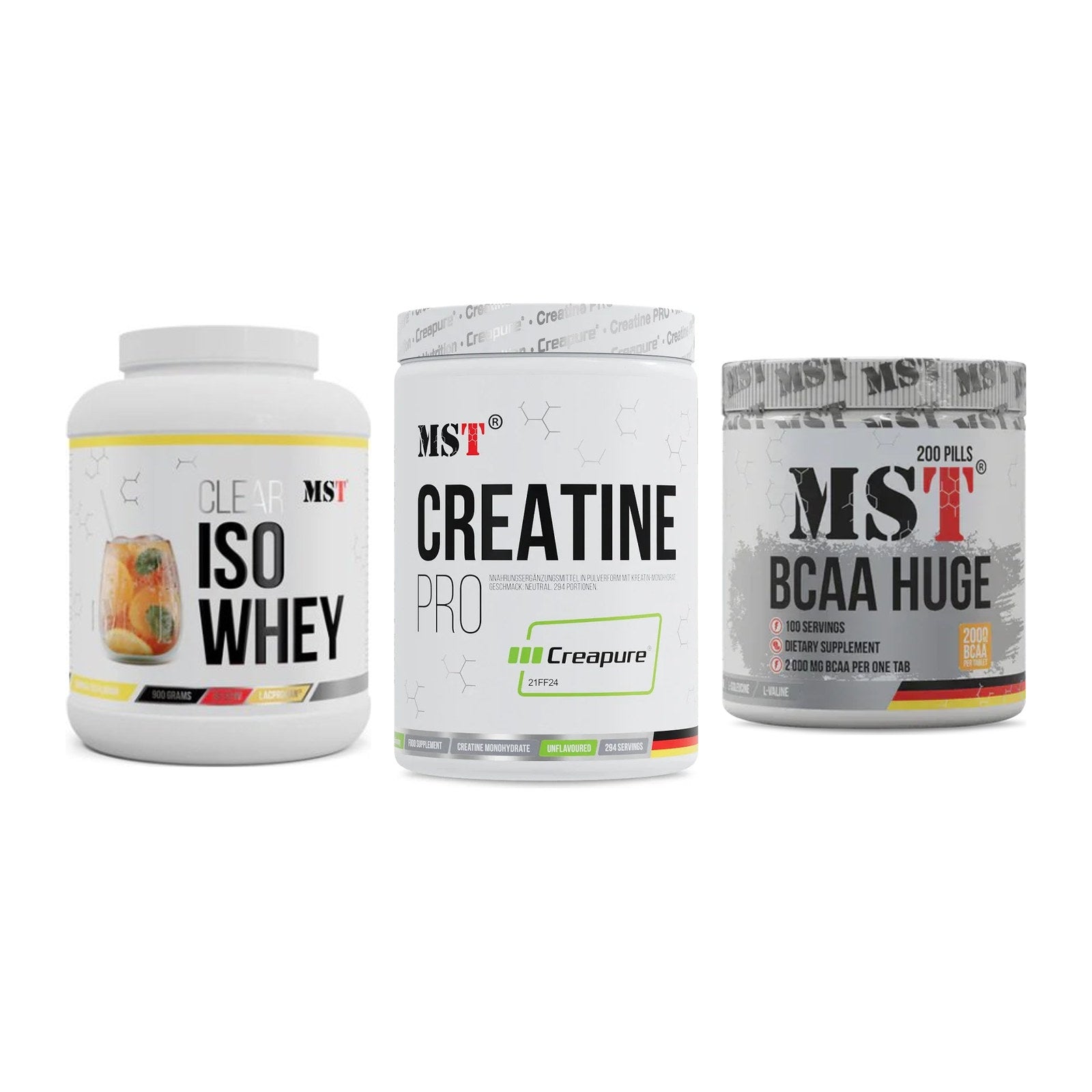 MST Marken-Trio: Iso Clear 900g + Creatin Pro + BCAA Huge 200 – alle enthaltenen Artikel