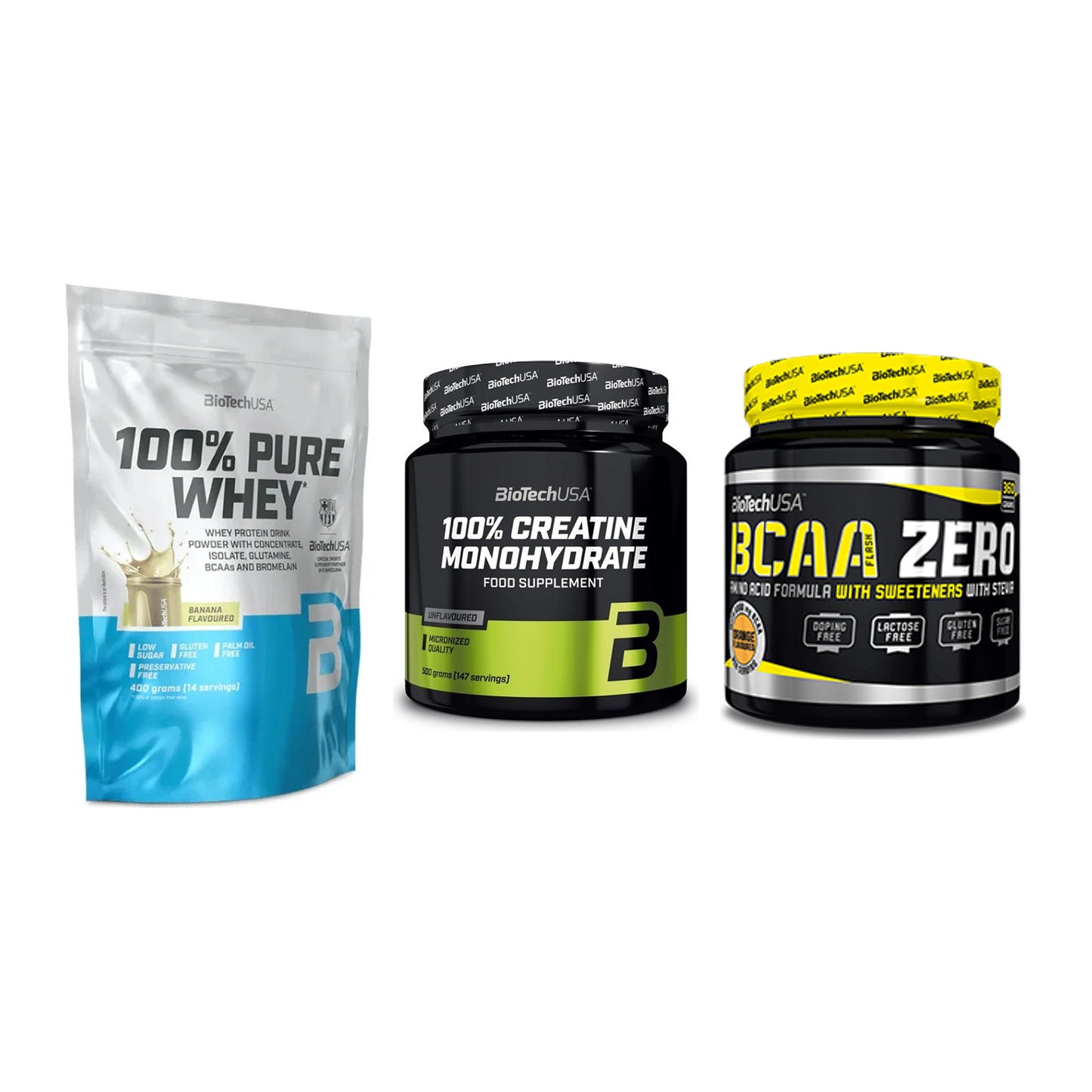 BioTech USA Marken-Trio: 100% Pure + Creatine + BCAA Zero – alle enthaltenen Artikel