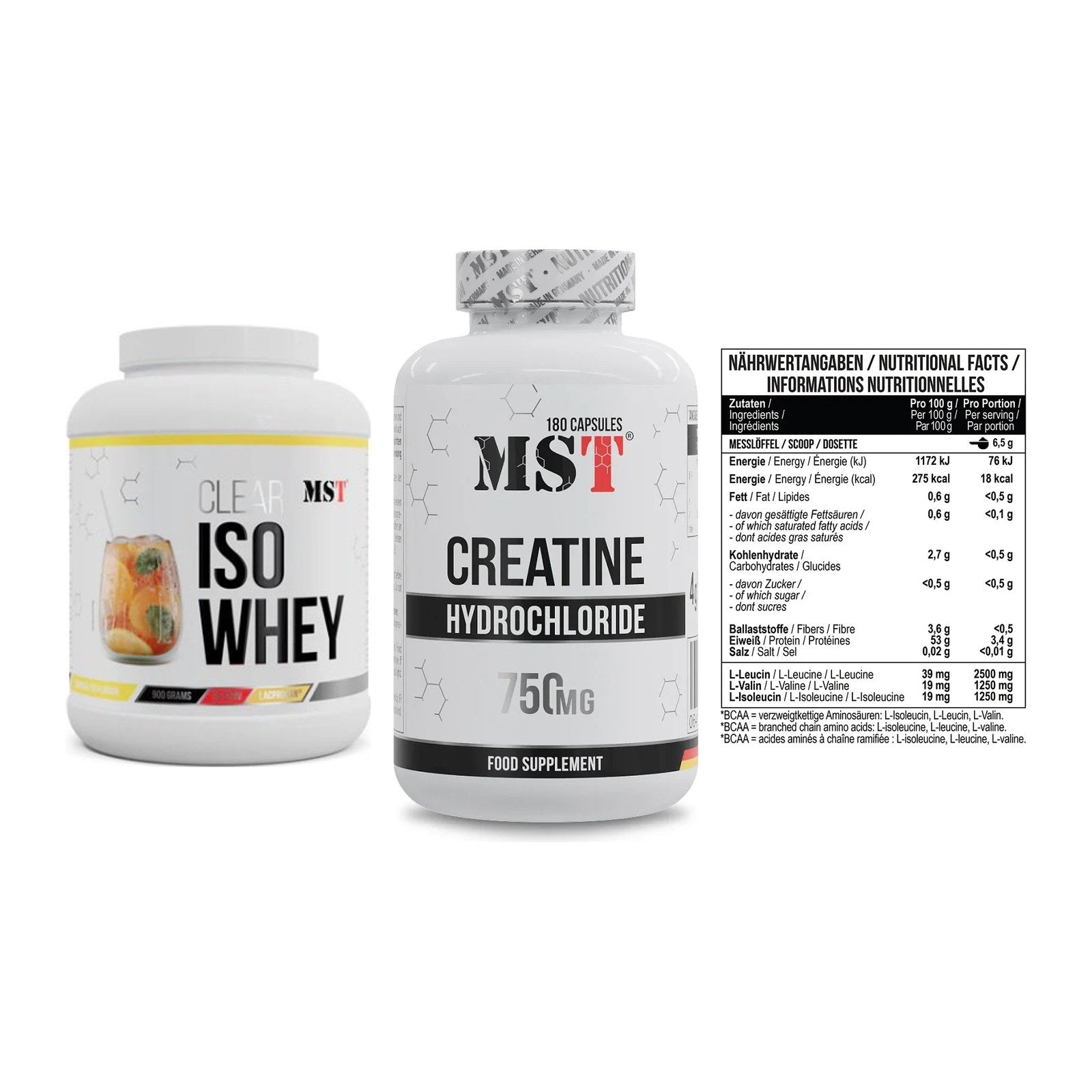 MST Marken-Trio: Iso Clear 900g + Creatine HCL + BCAA Zero 300g – alle enthaltenen Artikel