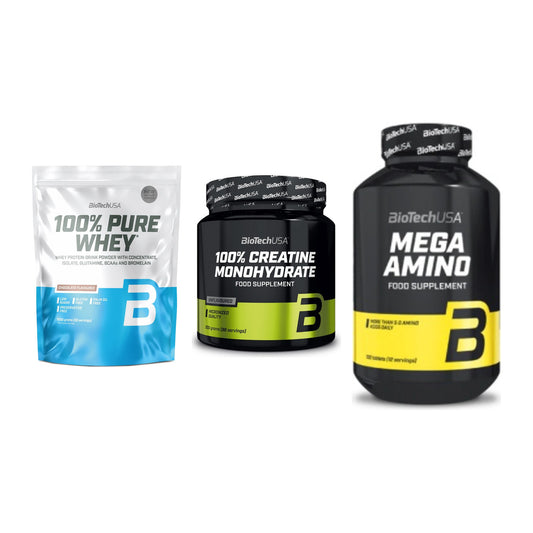 BioTech USA Marken-Trio: 100% Pure + Creatine + Mega Amino – alle enthaltenen Artikel