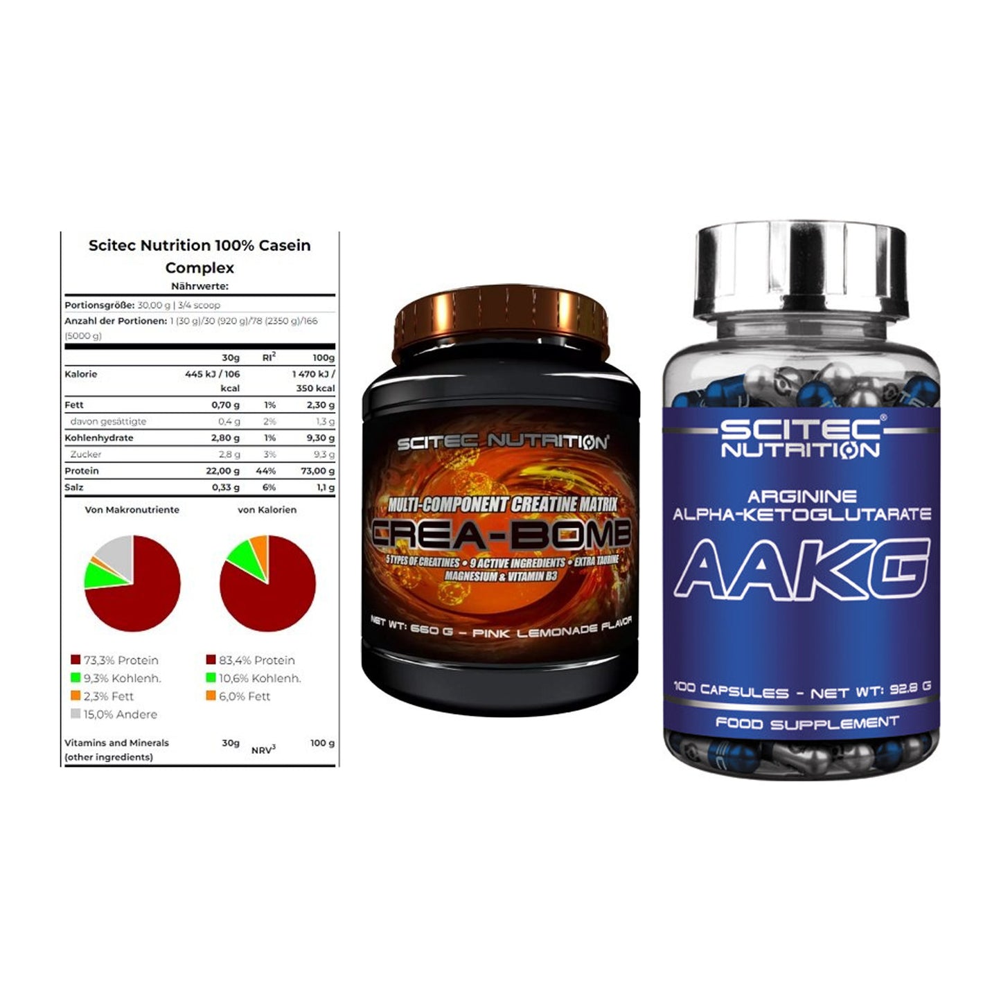 Scitec Nutrition Marken-Trio: Casein Complex + Crea-Bomb + 1 weitere – alle enthaltenen Artikel