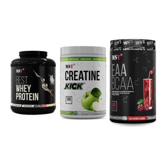 MST Marken-Trio: Best Whey Protein + Creatine Kick + EAA & BCAA – alle enthaltenen Artikel