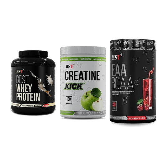 MST Marken-Trio: Best Whey Protein + Creatine Kick + EAA & BCAA – alle enthaltenen Artikel