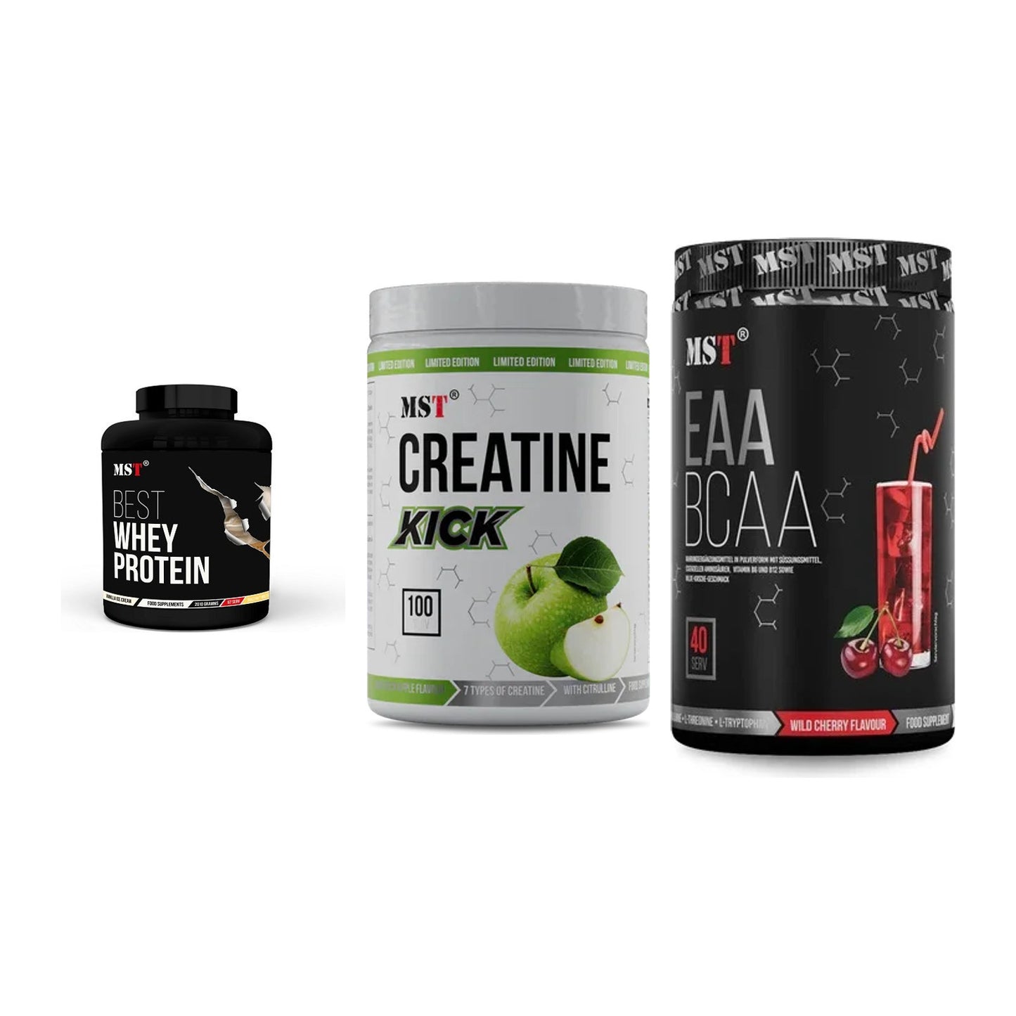 MST Marken-Trio: Best Whey Protein + Creatine Kick + EAA & BCAA – alle enthaltenen Artikel