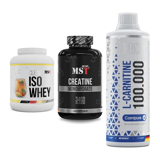 MST Marken-Trio: Iso Clear 900g + Creatine + L-Carnitine – alle enthaltenen Artikel