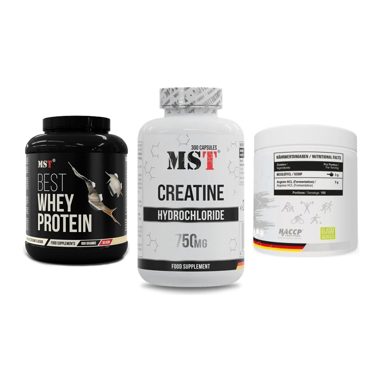 MST Marken-Trio: Best Whey Protein + Creatine HCL + Arginine HCL – alle enthaltenen Artikel