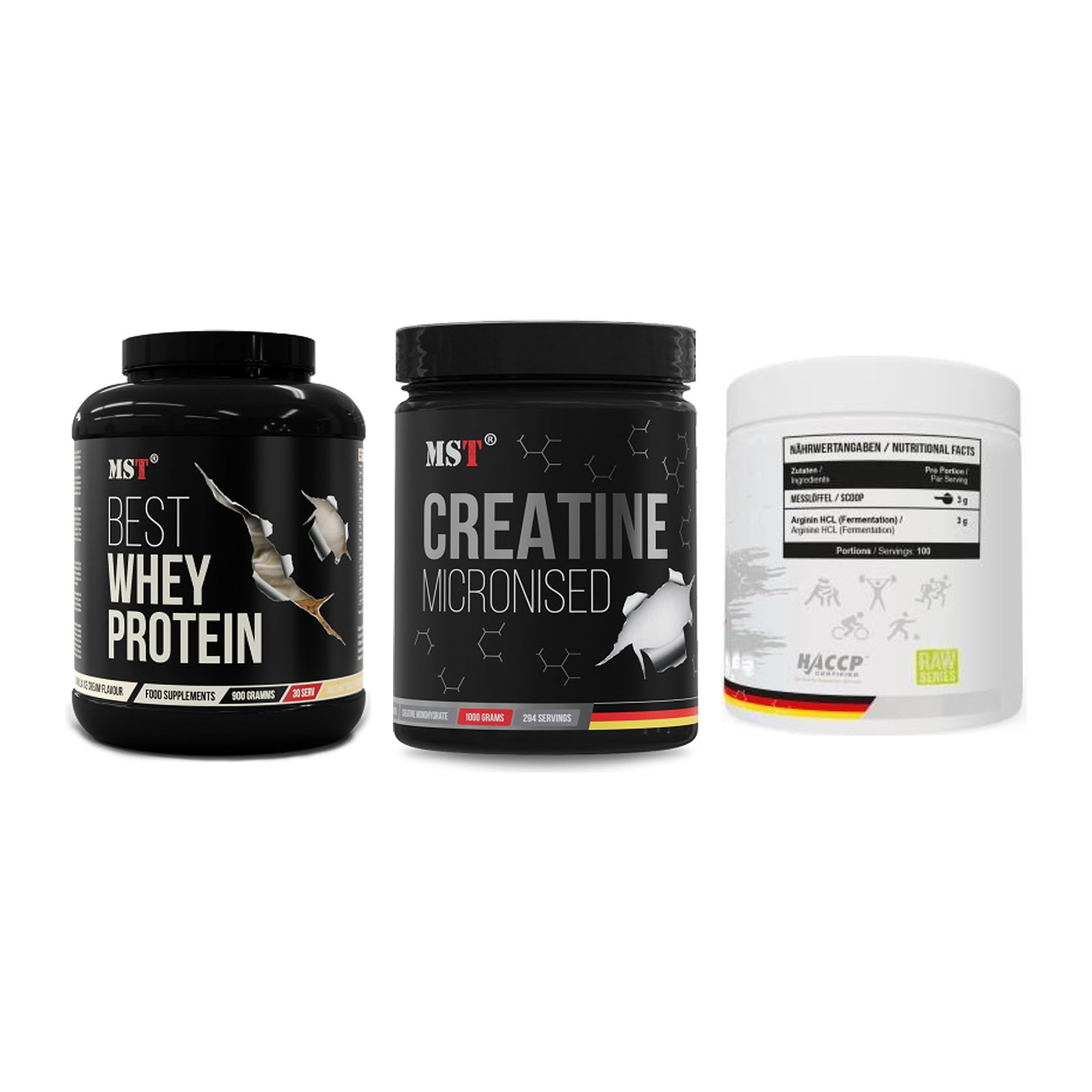 MST Marken-Trio: Best Whey + Creatin Monohyd + Arginine HCL – alle enthaltenen Artikel