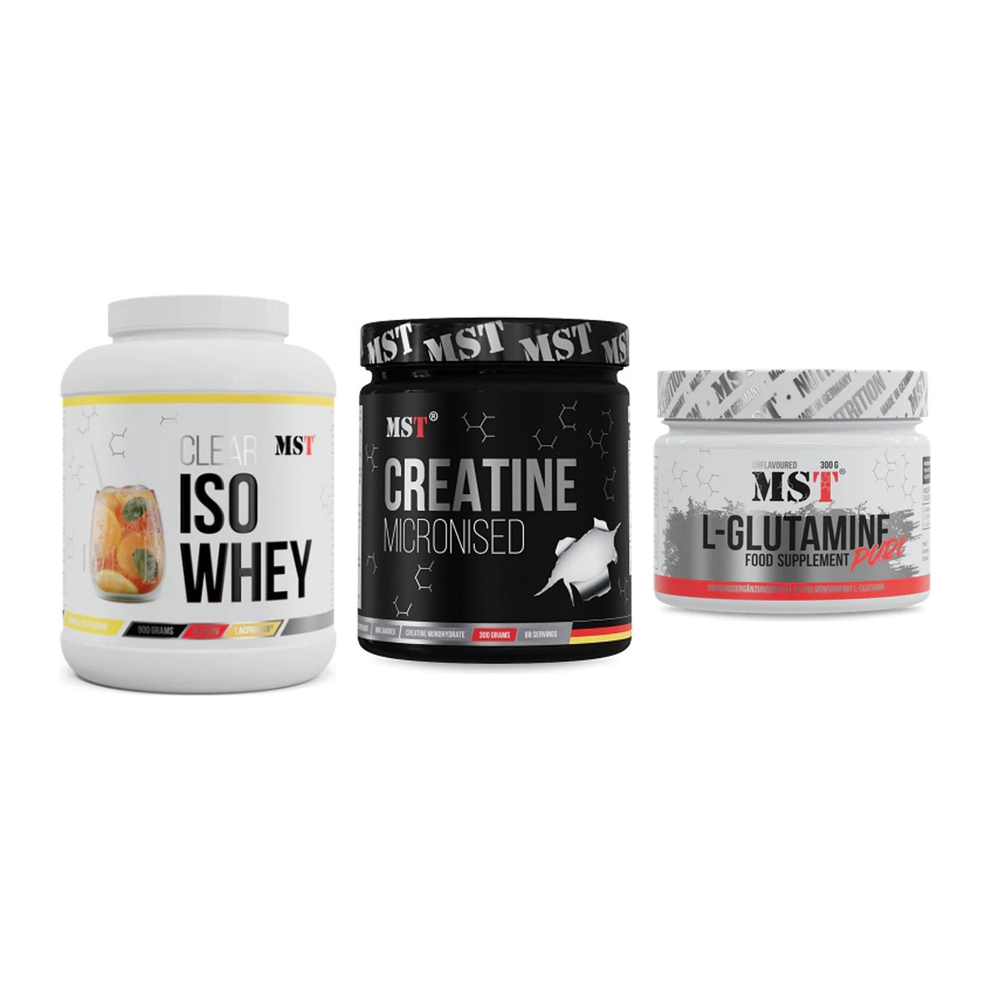 MST Marken-Trio: Iso Clear + Creatin Monohydrate + Glutamine – alle enthaltenen Artikel