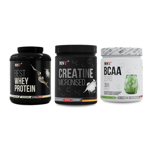 MST Marken-Trio: Best Whey Protein + Creatin Monohydrate + BCAA Zero – alle enthaltenen Artikel