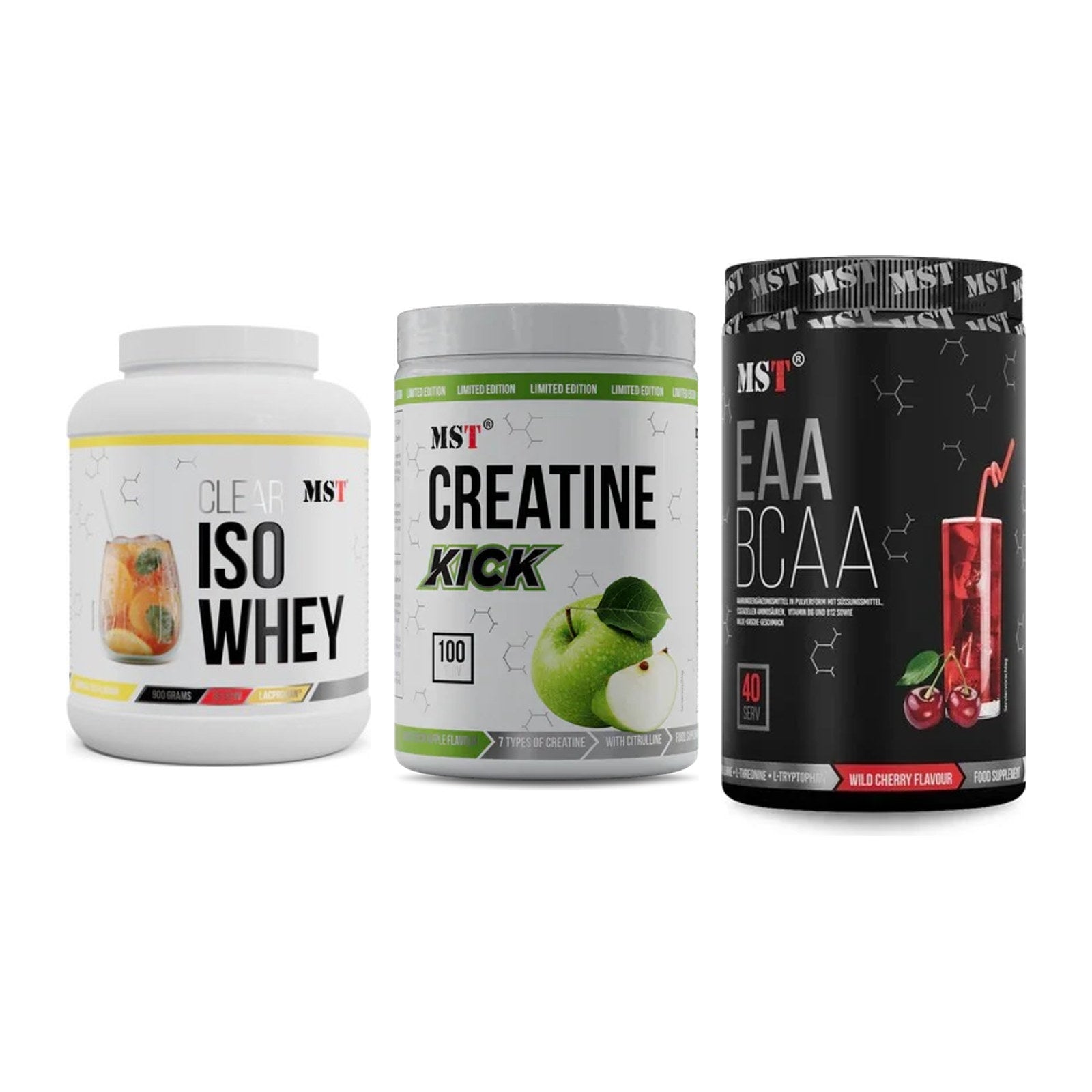 MST Marken-Trio: Iso Clear 900g + Creatine Kick + EAA & BCAA 520g – alle enthaltenen Artikel