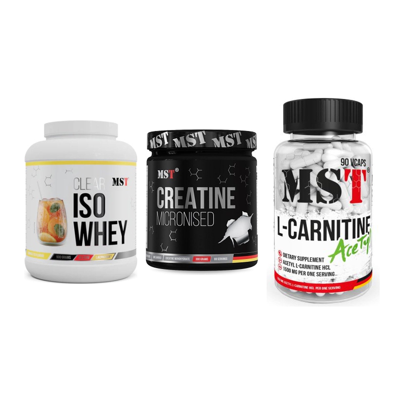 MST Marken-Trio: Iso Clear + Creatin Monohydrate + L-Carnitine Acetyle – alle enthaltenen Artikel