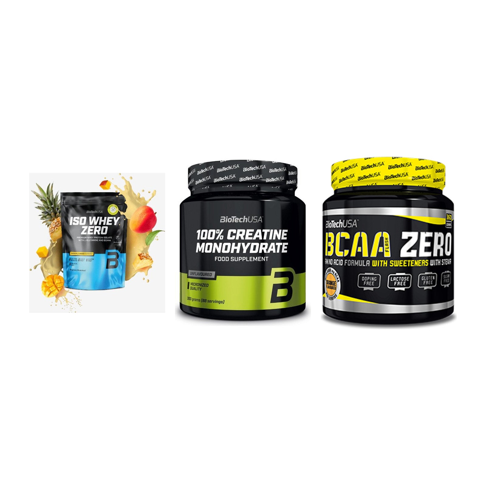 BioTech USA Marken-Trio: Iso Whey Zero + Creatine + BCAA Zero – alle enthaltenen Artikel
