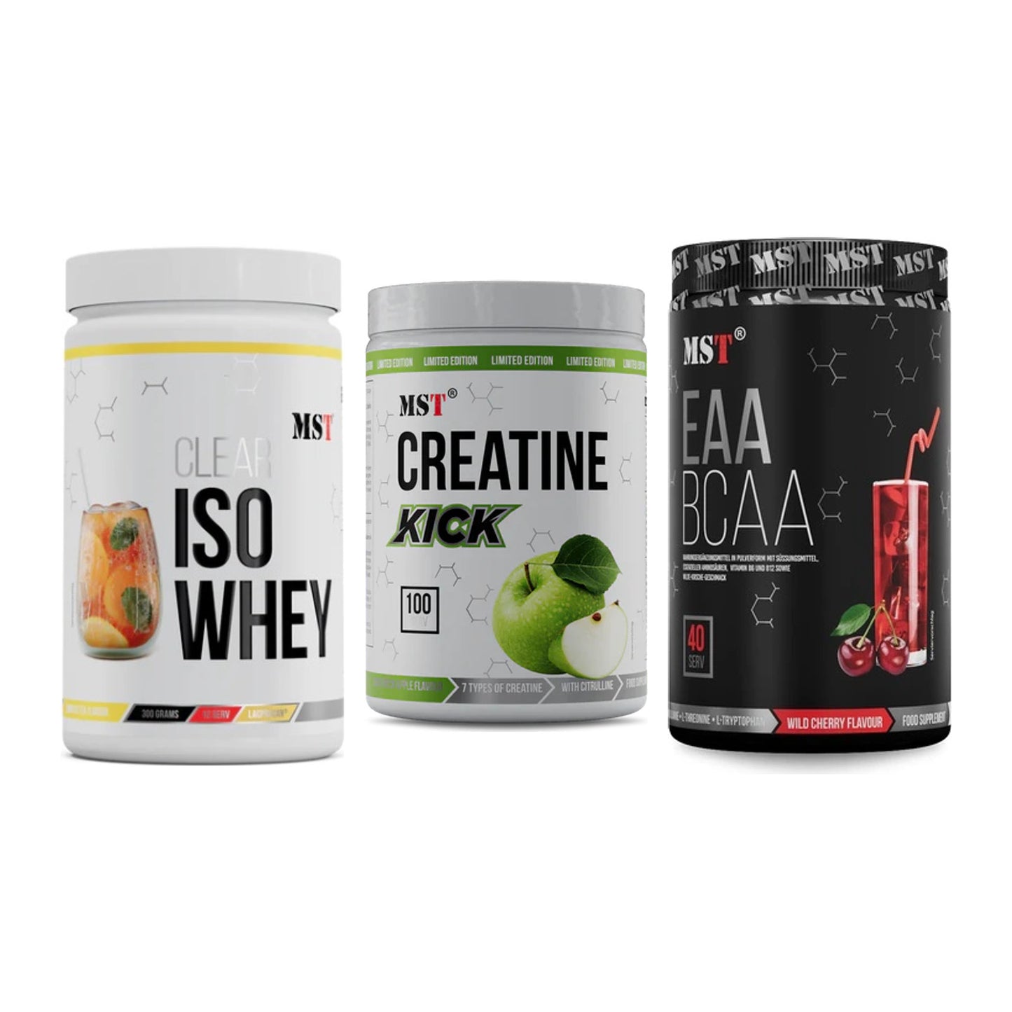 MST Marken-Trio: Iso Clear + Creatine Kick + EAA & BCAA – alle enthaltenen Artikel