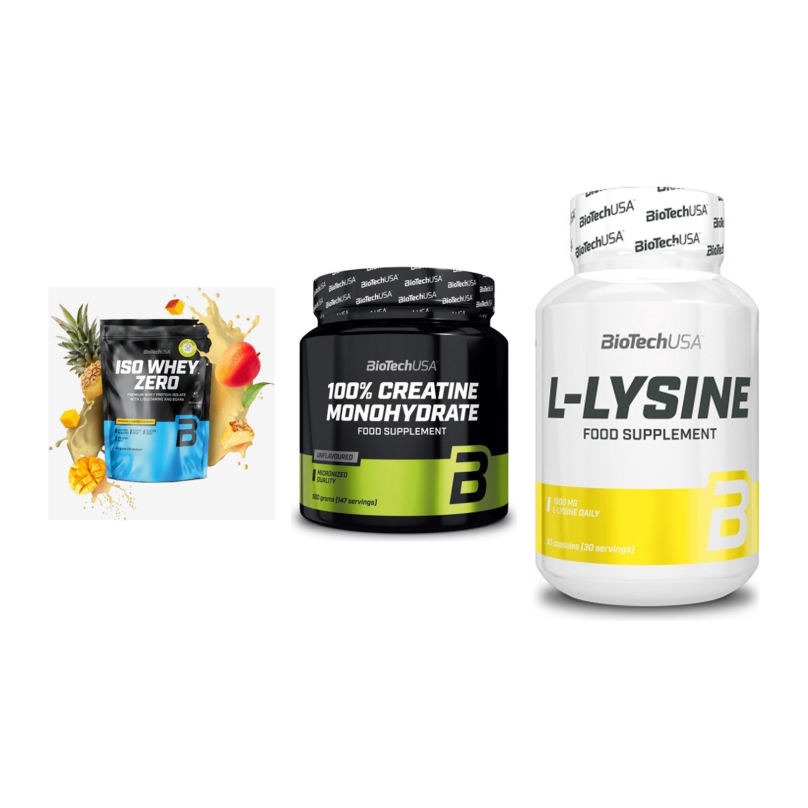 BioTech USA Marken-Trio: Iso Whey Zero + Creatine + L-Lysine – alle enthaltenen Artikel