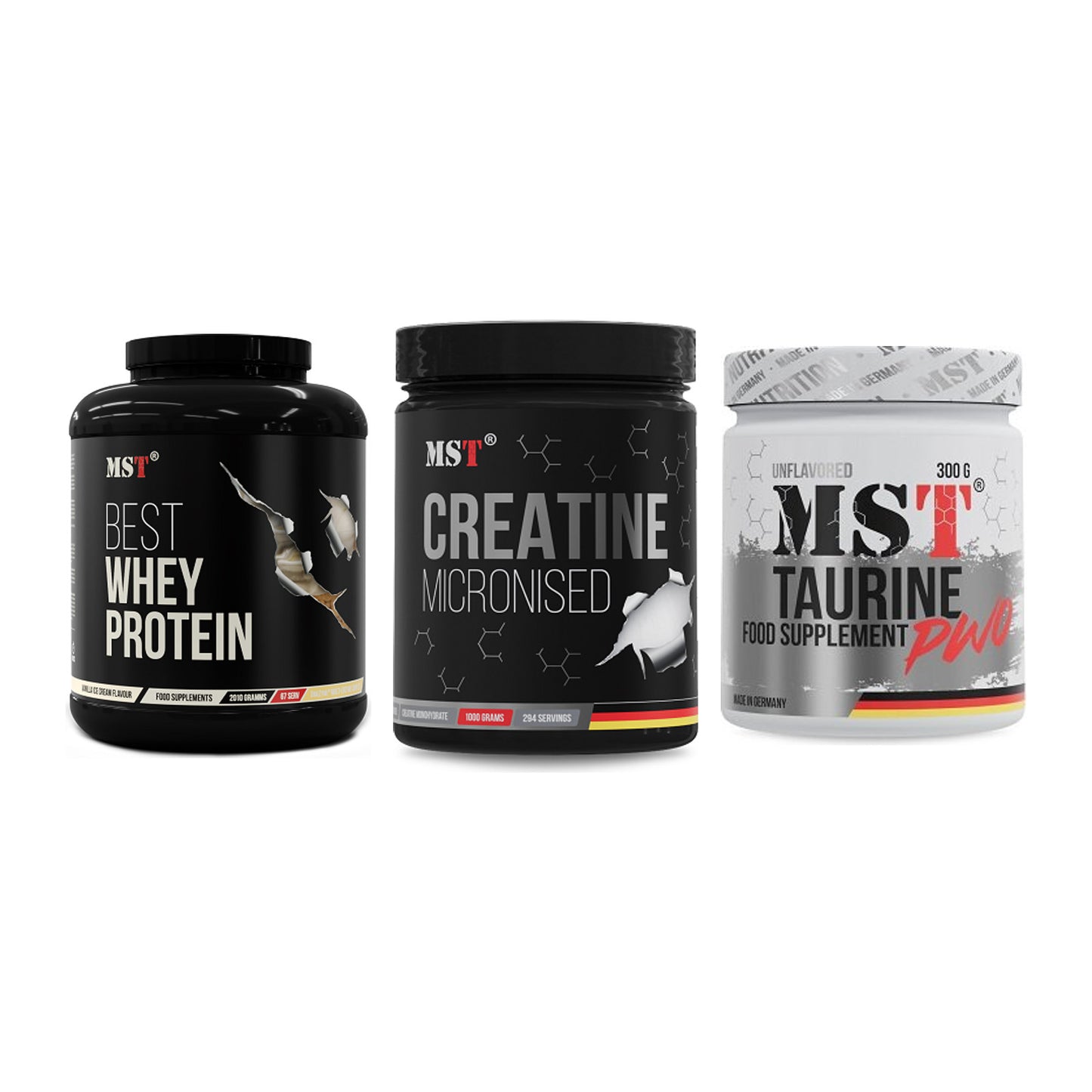MST Marken-Trio: Best Whey + Creatin Monohyd + Taurine – alle enthaltenen Artikel