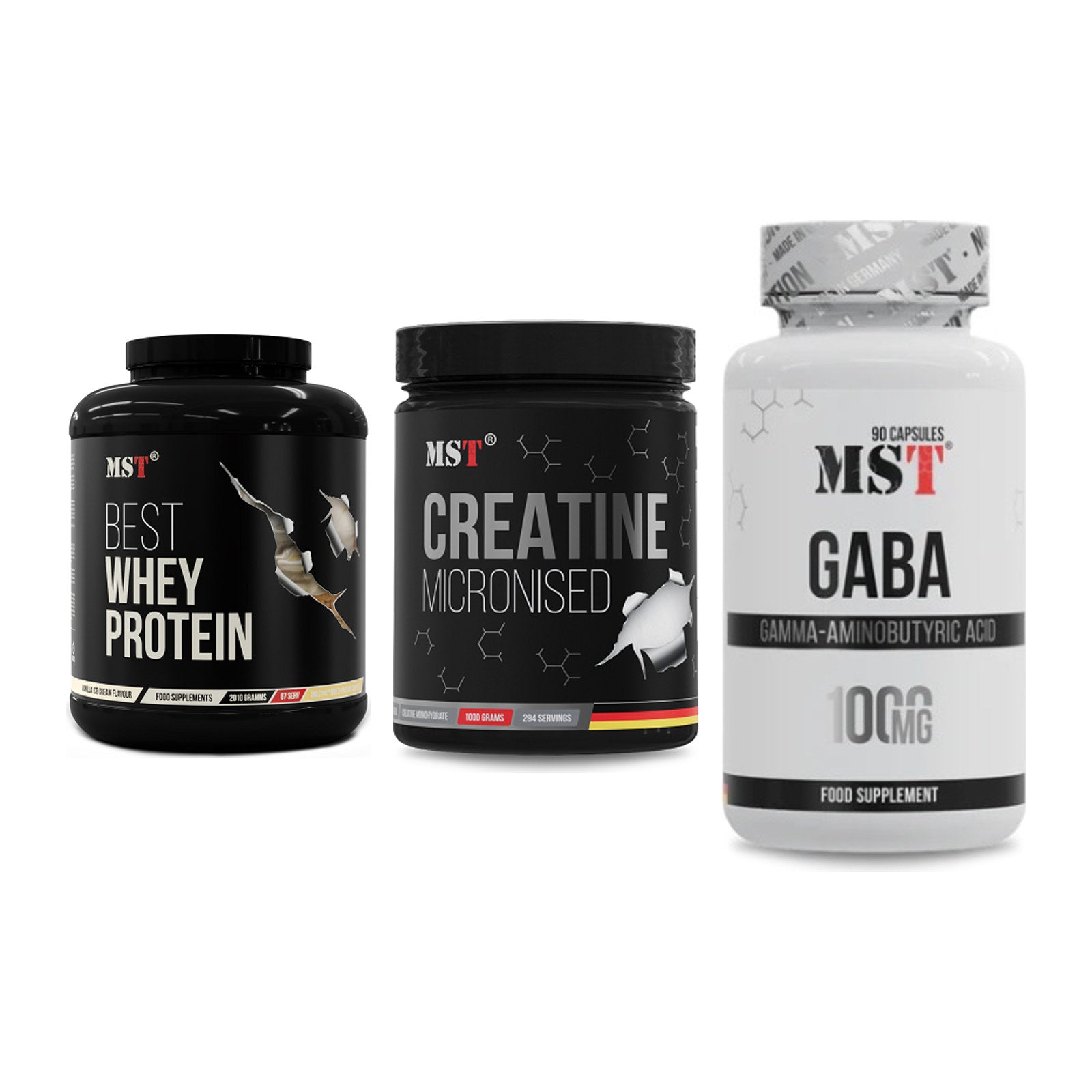 MST Marken-Trio: Best Whey Protein + Creatin Monohydrate + GABA 1000mg – alle enthaltenen Artikel