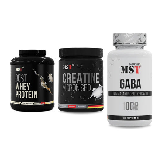 MST Marken-Trio: Best Whey Protein + Creatin Monohydrate + GABA 1000mg – alle enthaltenen Artikel
