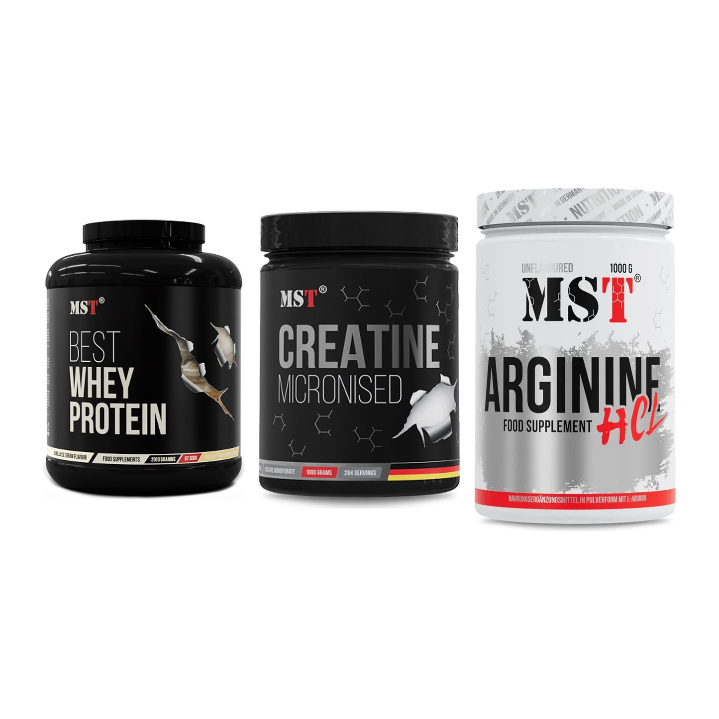 MST Marken-Trio: Best Whey + Creatin Monohyd + Arginine HCL – alle enthaltenen Artikel