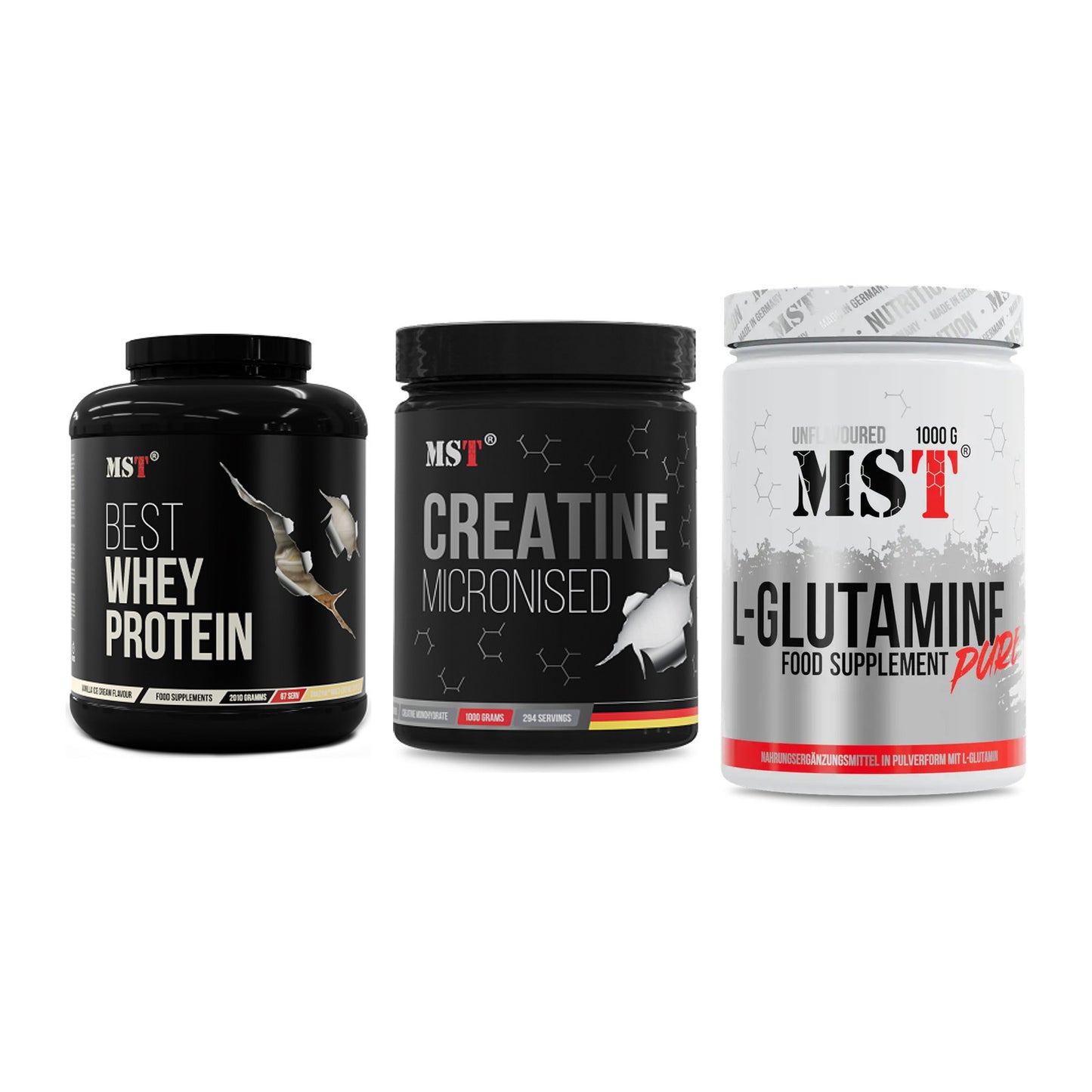MST Marken-Trio: Best Whey Protein + Creatin Monohydrate + Glutamine – alle enthaltenen Artikel