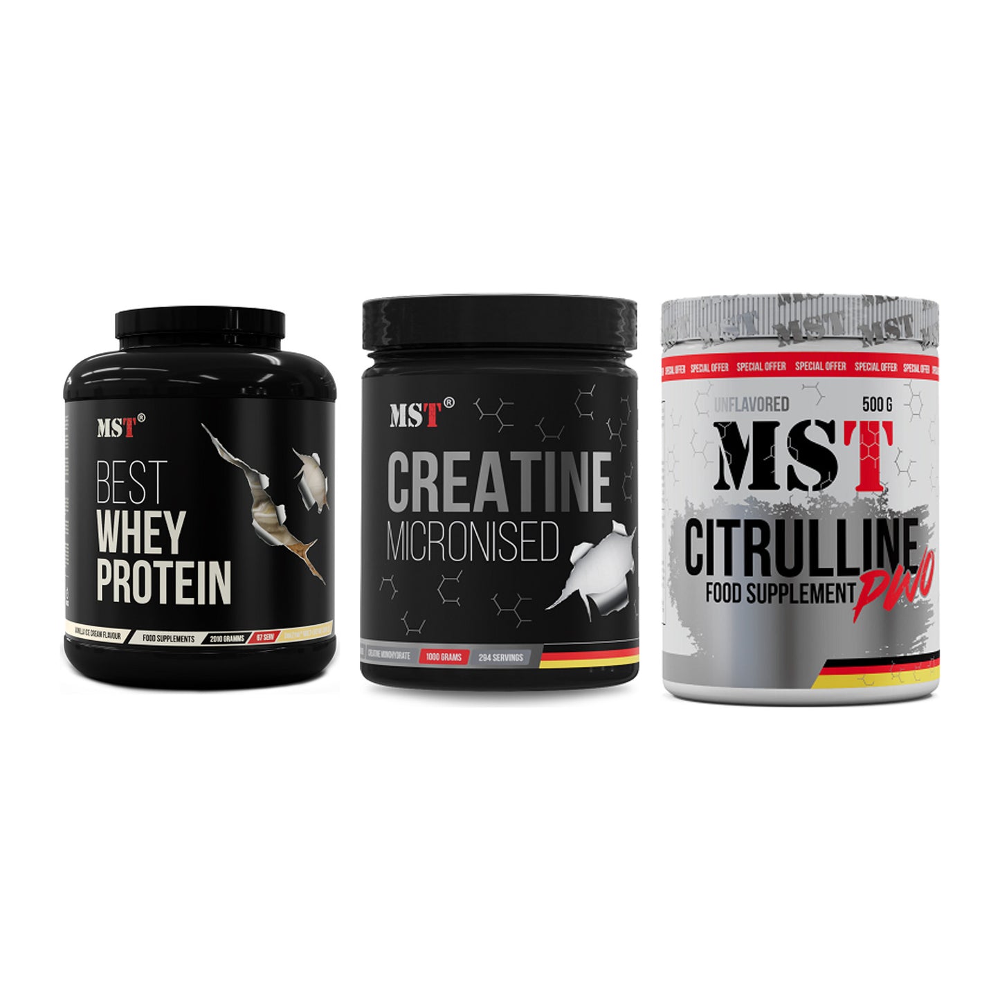MST Marken-Trio: Best Whey + Creatin Monohyd + Citrulline – alle enthaltenen Artikel
