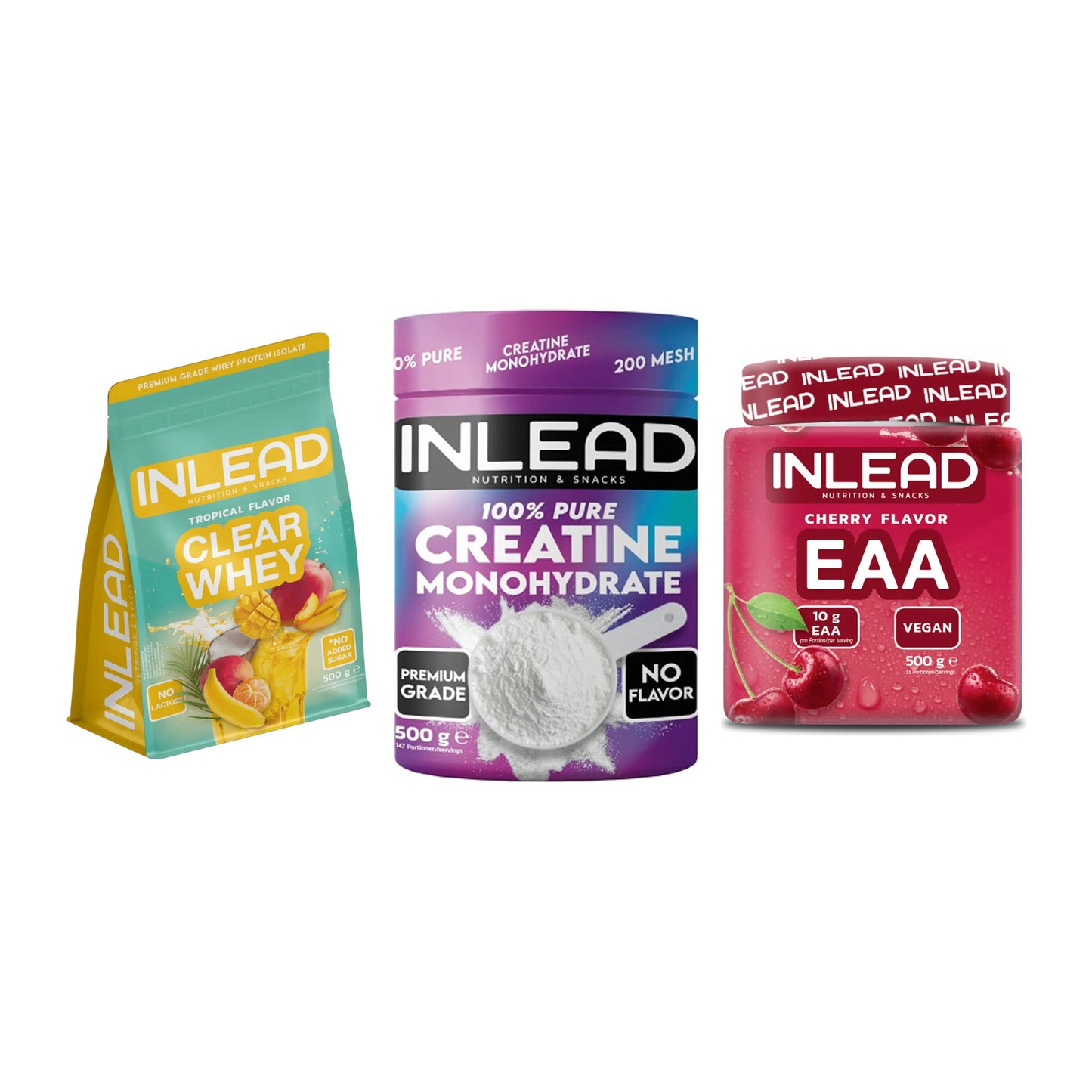 INLEAD Marken-Trio: Clear Whey Isolate + Creatine Monohydrate + EAA – alle enthaltenen Artikel