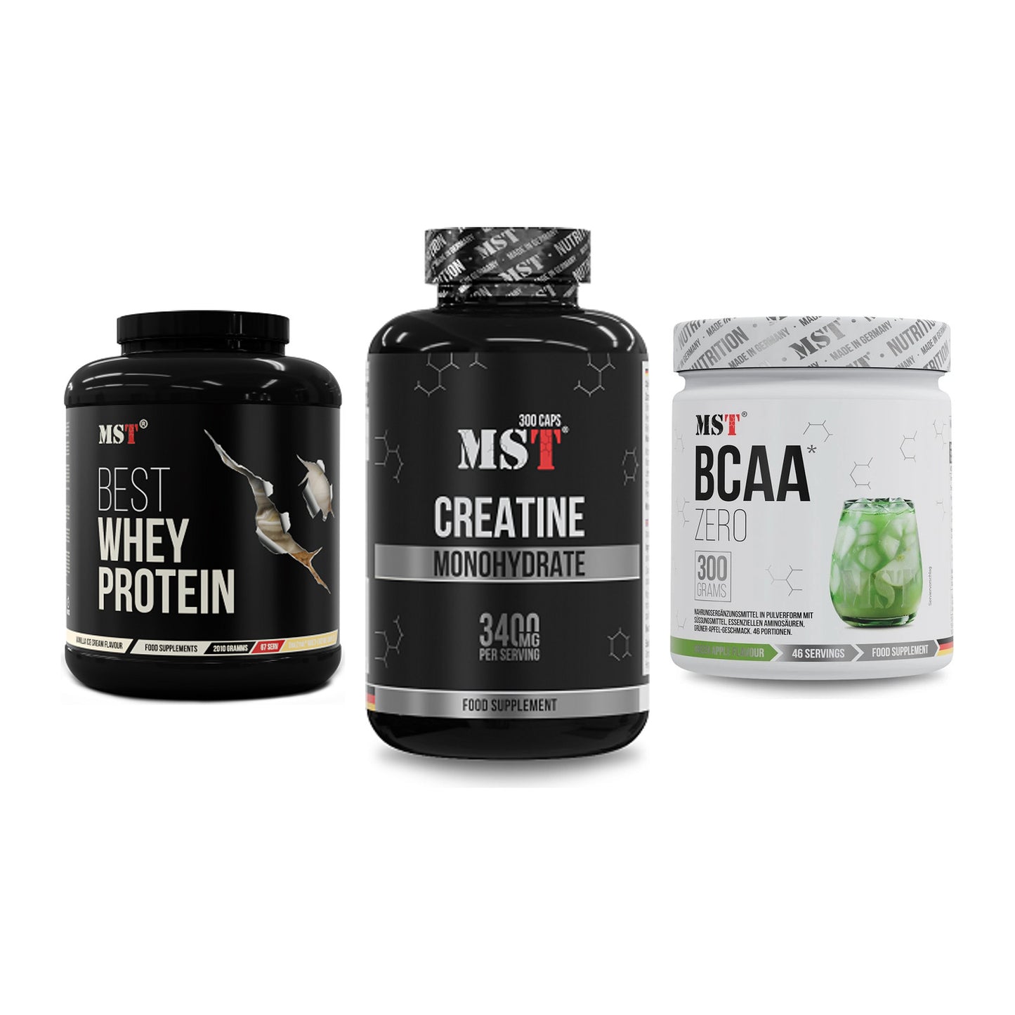 MST Marken-Trio: Best Whey Protein + Creatine Monohydrate + BCAA Zero – alle enthaltenen Artikel