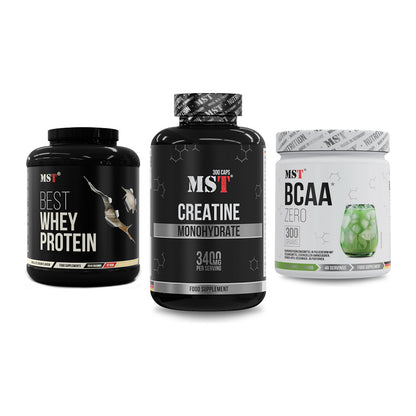 MST Marken-Trio: Best Whey Protein + Creatine Monohydrate + BCAA Zero – alle enthaltenen Artikel