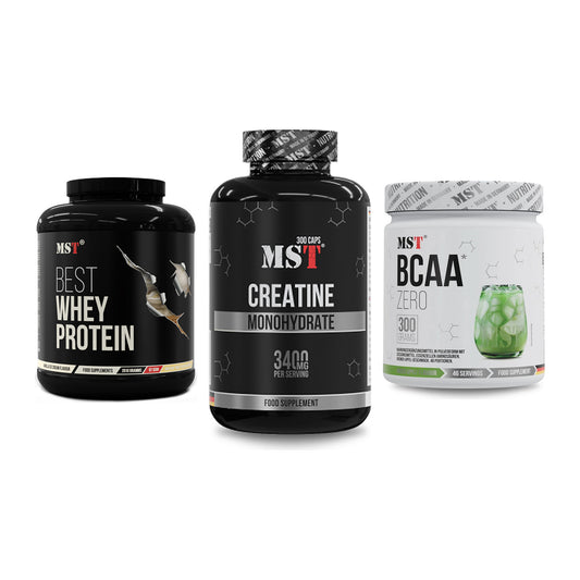 MST Marken-Trio: Best Whey Protein + Creatine Monohydrate + BCAA Zero – alle enthaltenen Artikel