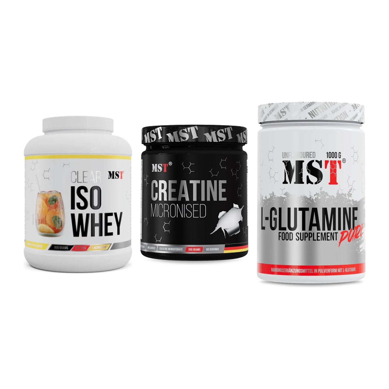 MST Marken-Trio: Iso Clear + Creatin Monohydrate + Glutamine – alle enthaltenen Artikel