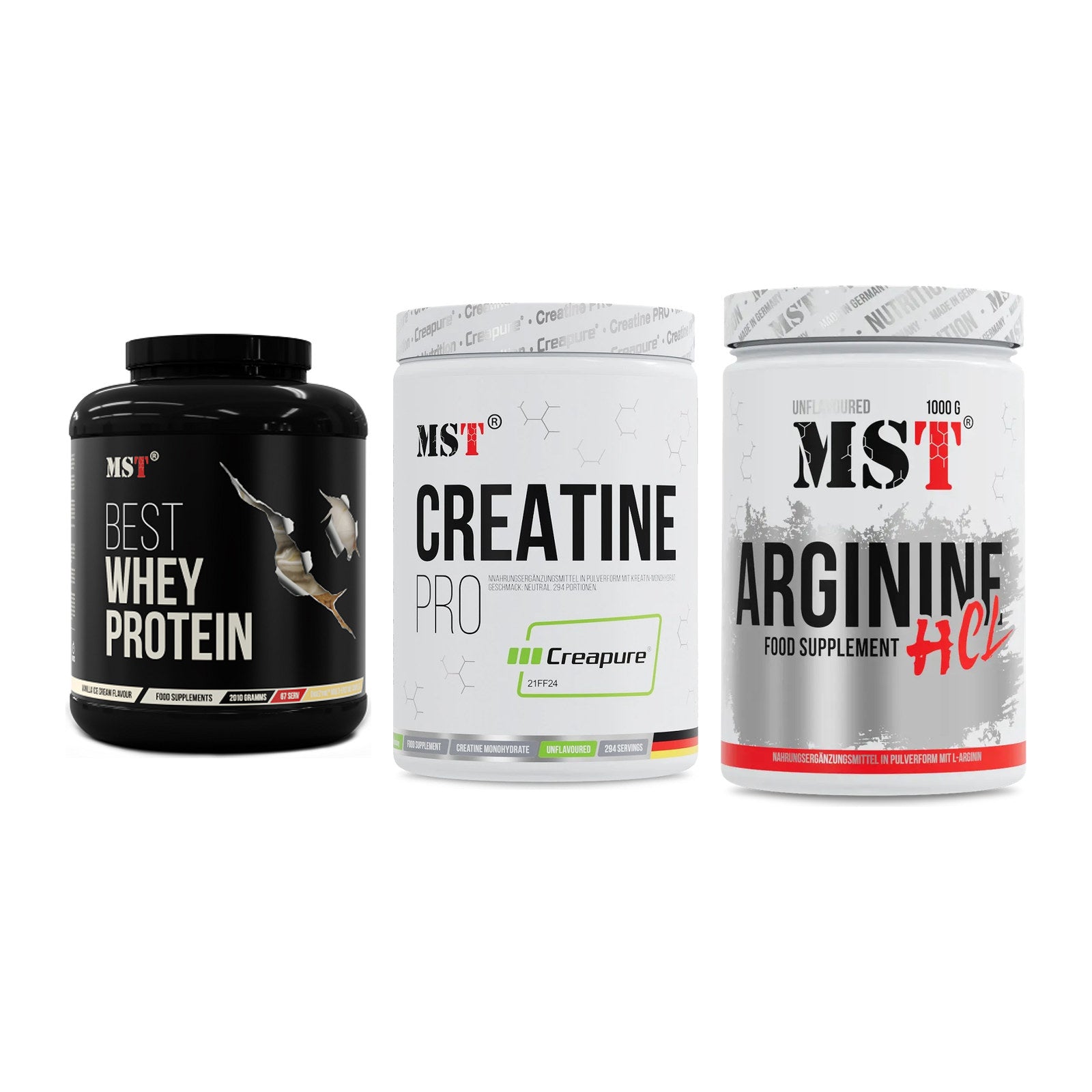 MST Marken-Trio: Best Whey + Creatin Pro + Arginine HCL – alle enthaltenen Artikel
