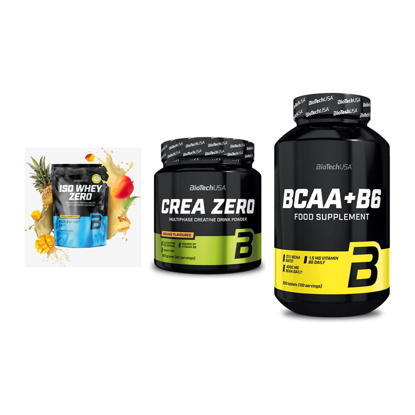 BioTech USA Marken-Trio: Iso Whey Zero + Crea Zero + BCAA+B6 200 Tabl – alle enthaltenen Artikel