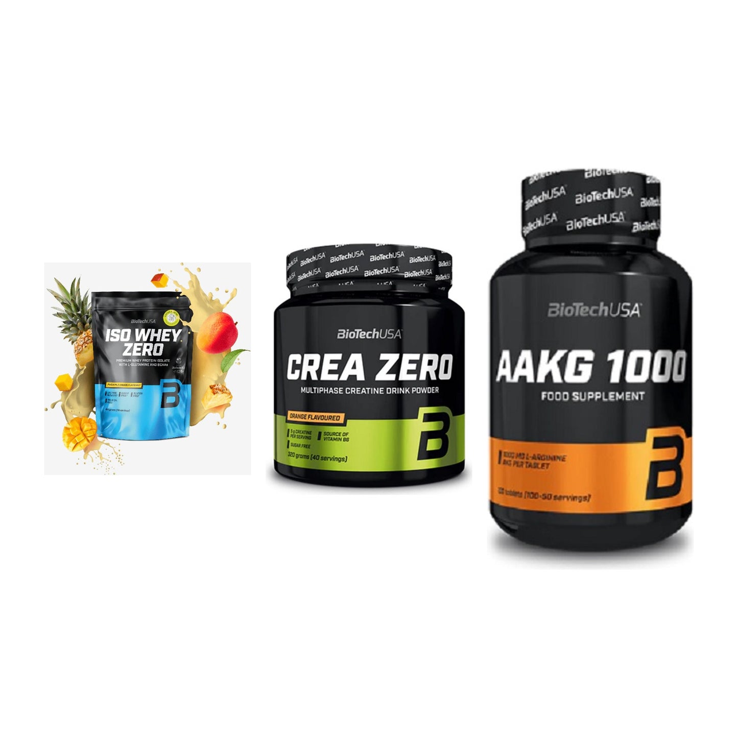 BioTech USA Marken-Trio: Iso Whey Zero + Crea Zero + AAKG 1000mg – alle enthaltenen Artikel