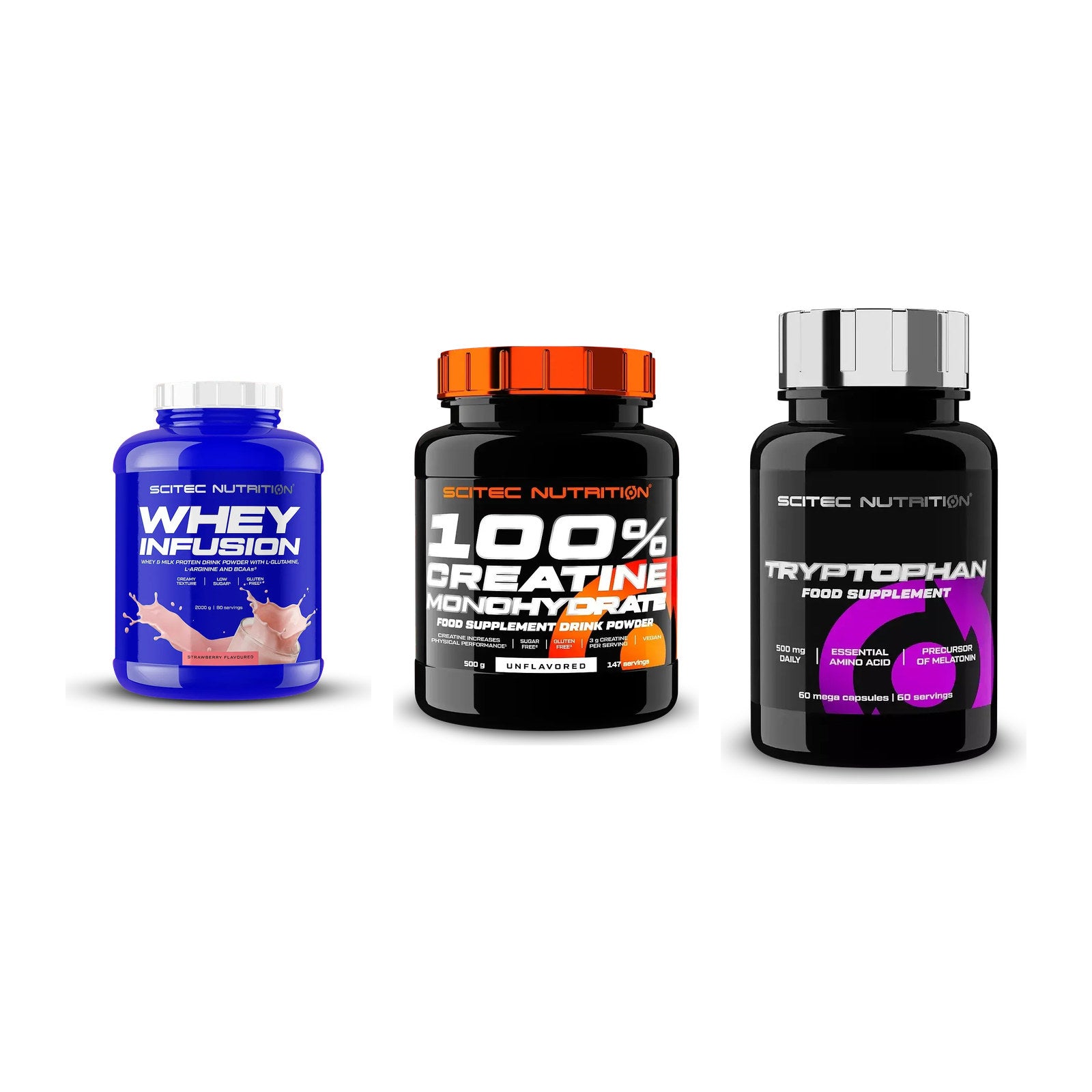 Scitec Nutrition Marken-Trio: Whey Infusio + Creatine + 1 weitere – alle enthaltenen Artikel