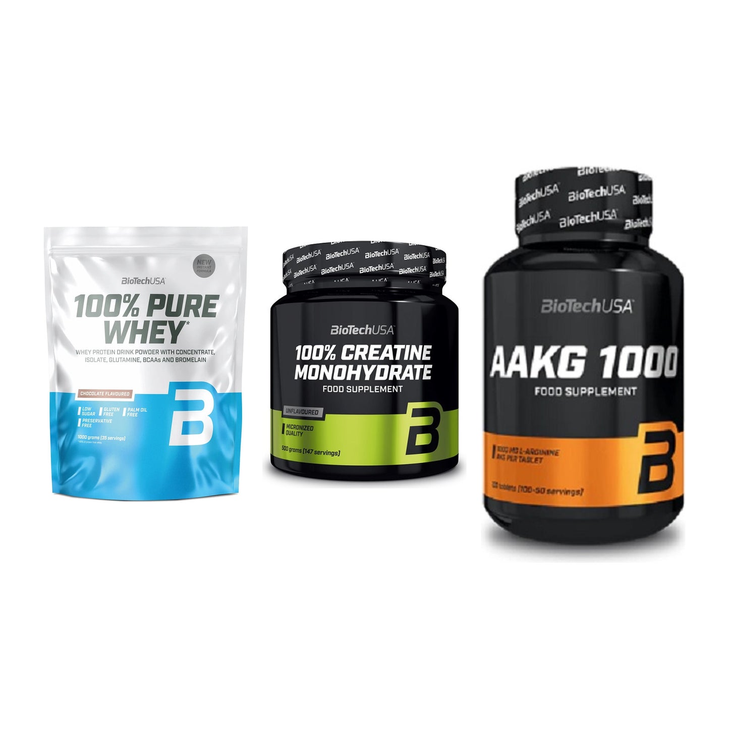 BioTech USA Marken-Trio: 100% Pure + Creatine + AAKG 1000mg – alle enthaltenen Artikel