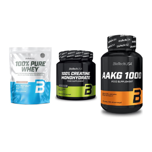 BioTech USA Marken-Trio: 100% Pure + Creatine + AAKG 1000mg – alle enthaltenen Artikel