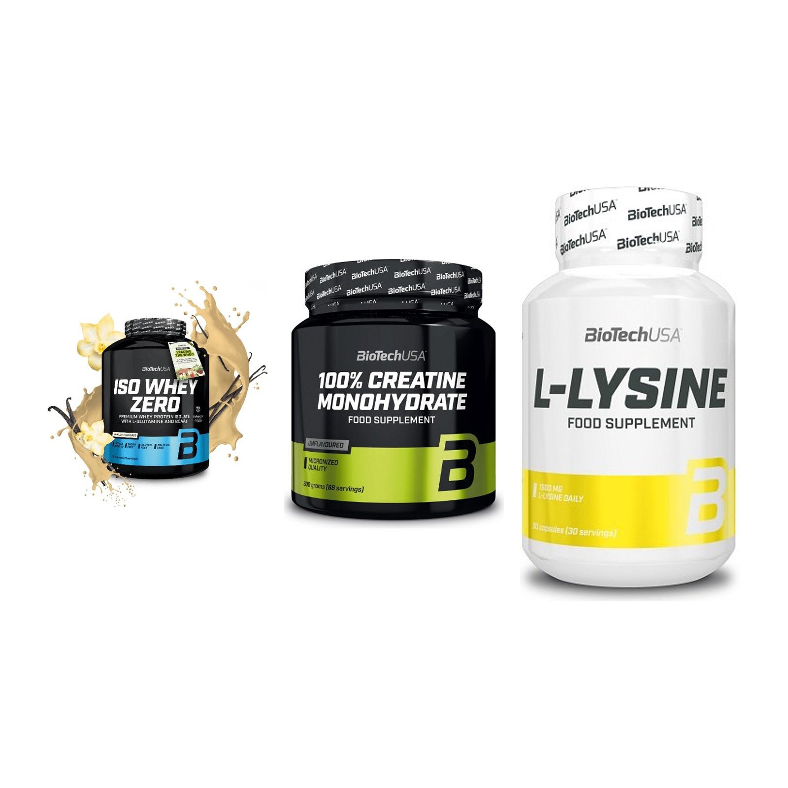 BioTech USA Marken-Trio: Iso Whey Zero + Creatine + L-Lysine – alle enthaltenen Artikel