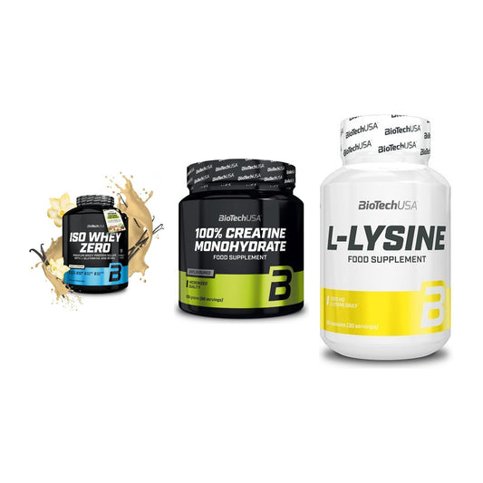 BioTech USA Marken-Trio: Iso Whey Zero + Creatine + L-Lysine – alle enthaltenen Artikel