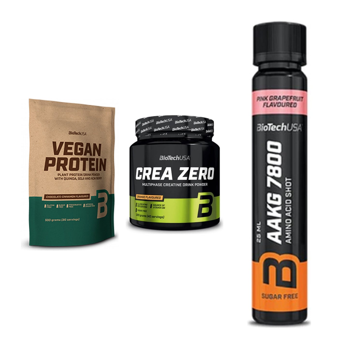 BioTech USA Marken-Trio: Vegan Protein + Crea Zero + AAKG 7800 – alle enthaltenen Artikel